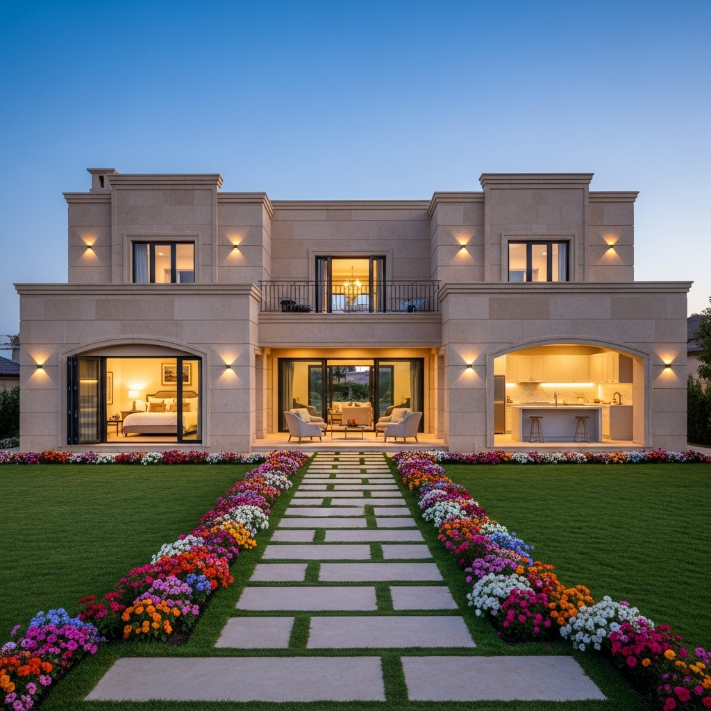 A charming, well-maintained house with lush, structured landscaping, featuring vibrant red and green bushes and a concrete pathway leading to a front porch. The clean lines of the house and the structured garden reflect principles of organized administration and phased development mentioned in the text.