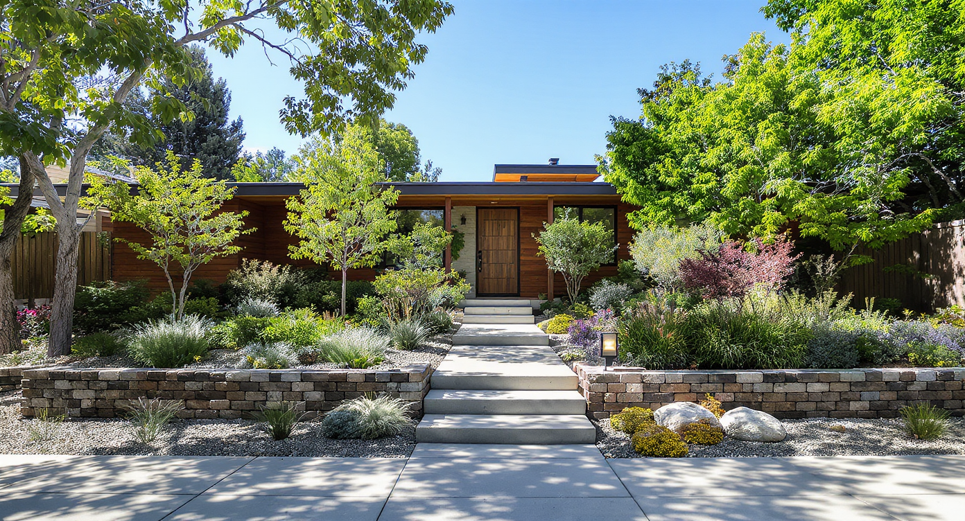 A charming, well-maintained house with lush, structured landscaping, featuring vibrant red and green bushes and a concrete pathway leading to a front porch. The clean lines of the house and the structured garden reflect principles of organized administration and phased development mentioned in the text.