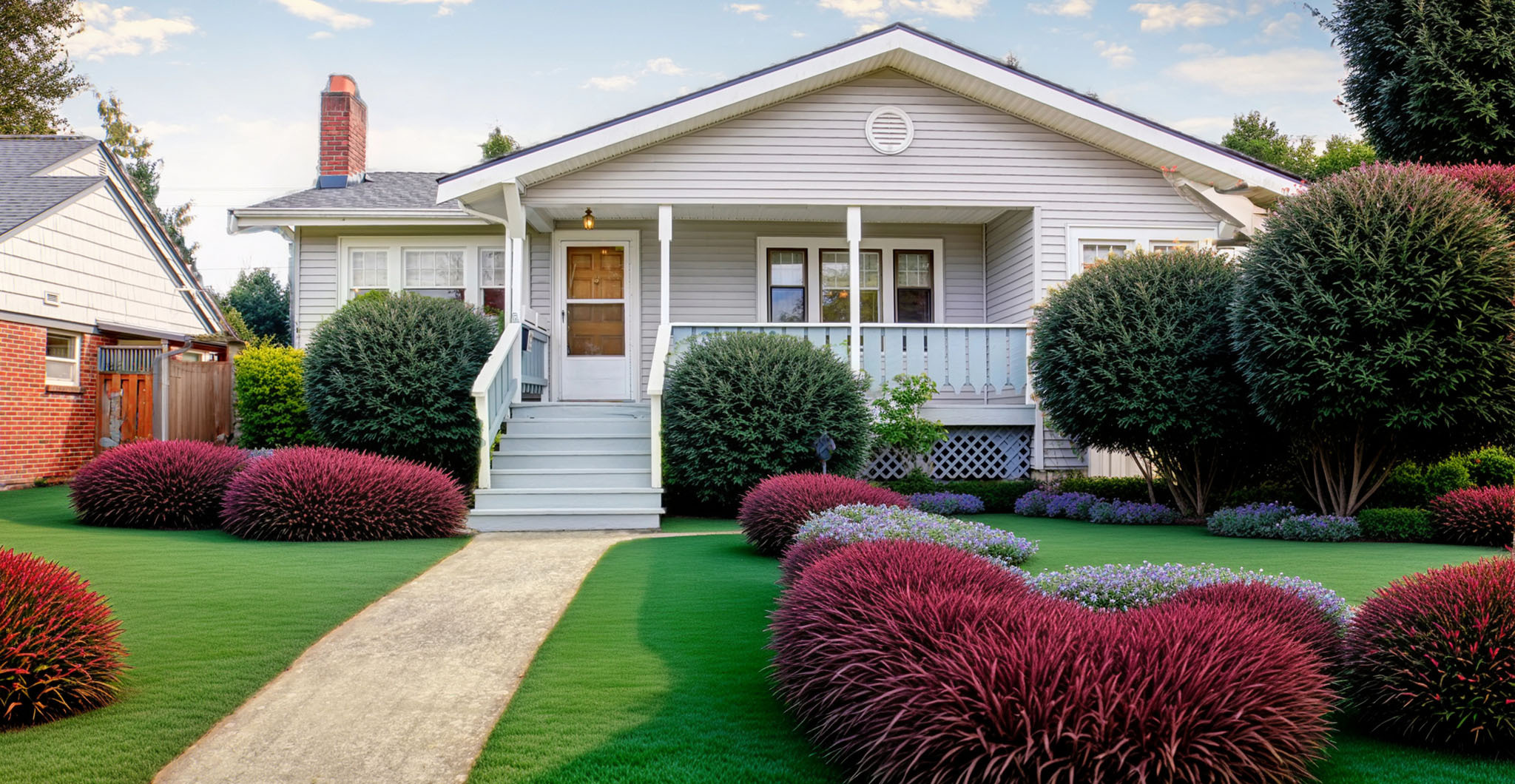 A charming, well-maintained house with lush, structured landscaping, featuring vibrant red and green bushes and a concrete pathway leading to a front porch. The clean lines of the house and the structured garden reflect principles of organized administration and phased development mentioned in the text.